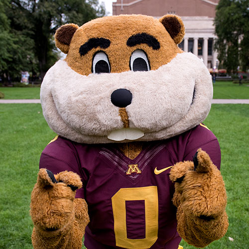 Goldy Gopher on Northrop Mall pointing at the camera.